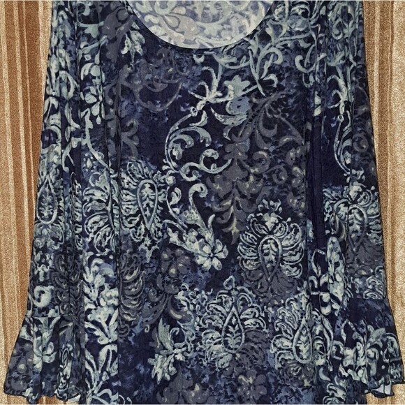 BIYAYCDA‎ Vintage Long Sleeve Blouse Blue Black Statement V-neck Top Size 1X - Picture 2 of 6